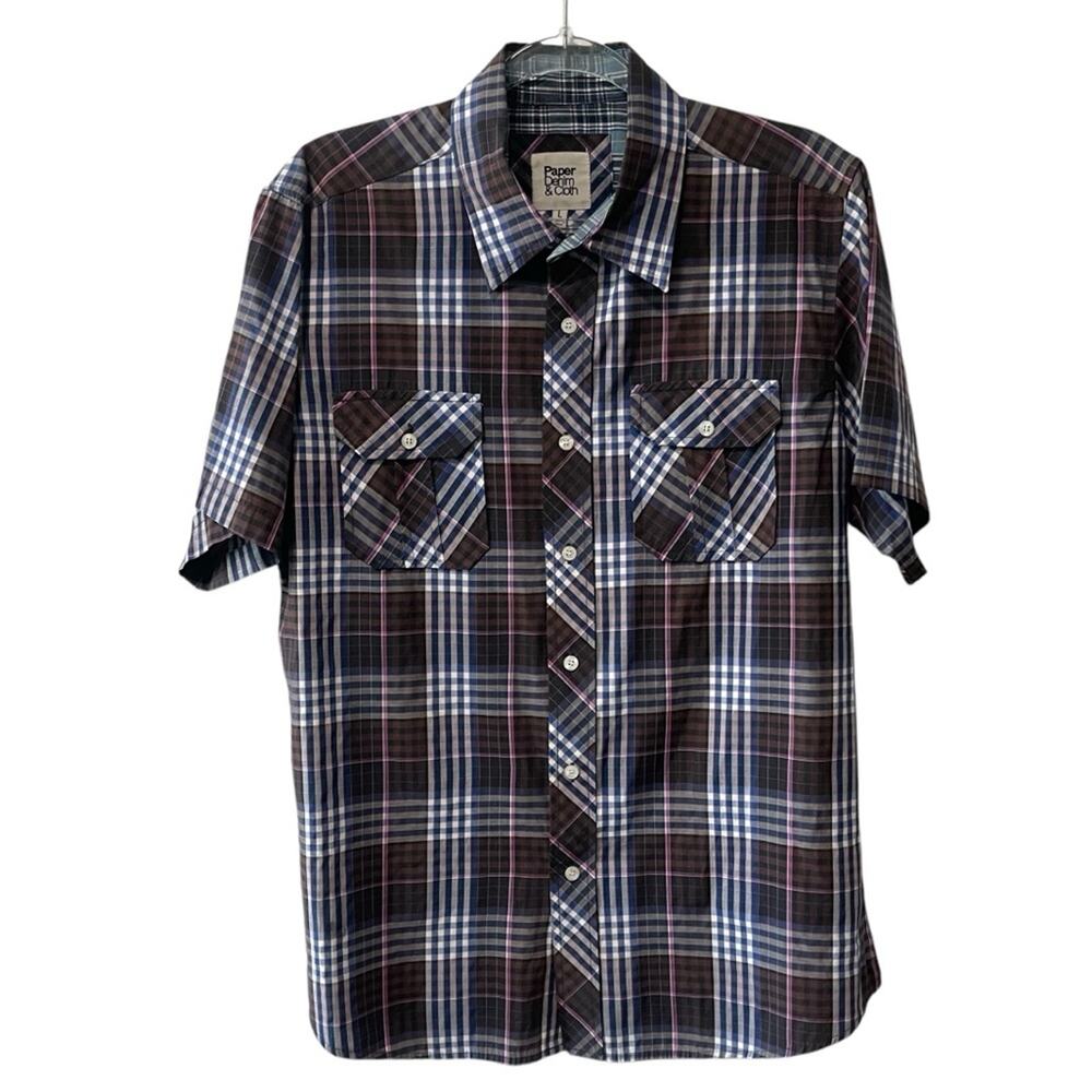 Paper Denim & Cloth Plaid Short Sleeve Collared Front Button Shirt Blue Multi L